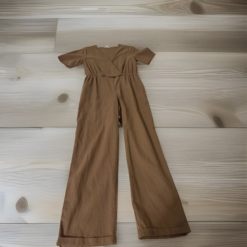 Senna Sky Jumpsuit Womens S Brown Wide Leg Wrap V Neck Cotton Short Sleeve